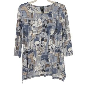Clara Sunwoo Tunic Top Women XS Blue Gray Abstract Geometric 3/4 Sleeve Stretch